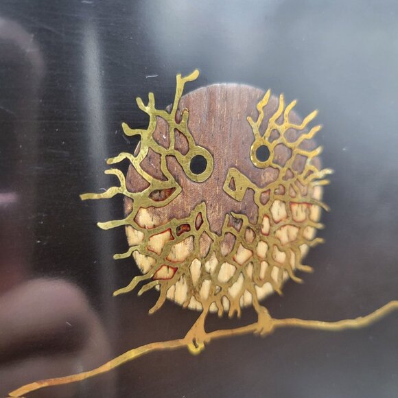 Couroc Puffy Owls on Branch Rectangular Tray Hand Inlaid Wood Spikey Birds - Picture 4 of 7